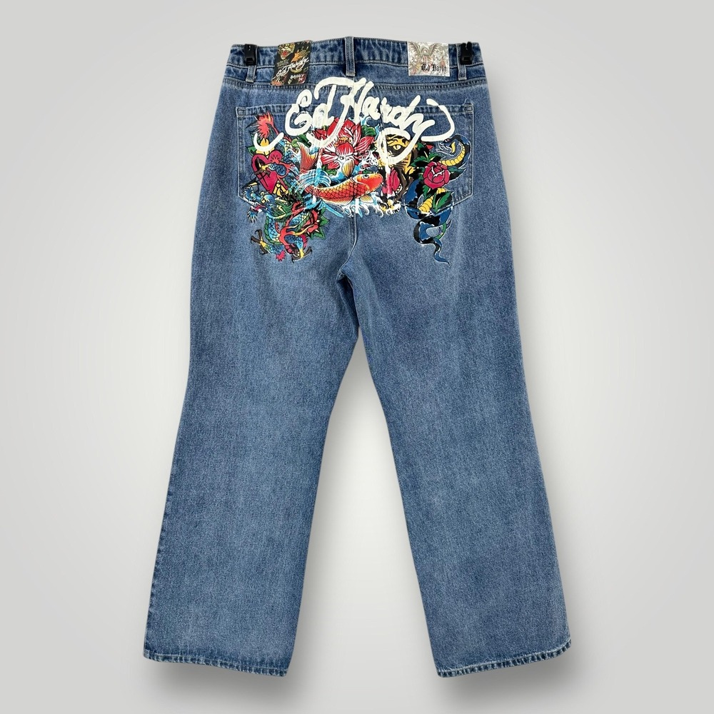 NEW Ed Hardy Koi Snake Baggy Jeans Womens Size 34 Blue Denim Light Wash Wide Leg